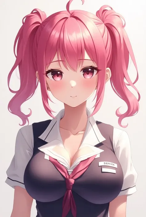 pink hair, huge breasts, twintails, cleavage, school uniform