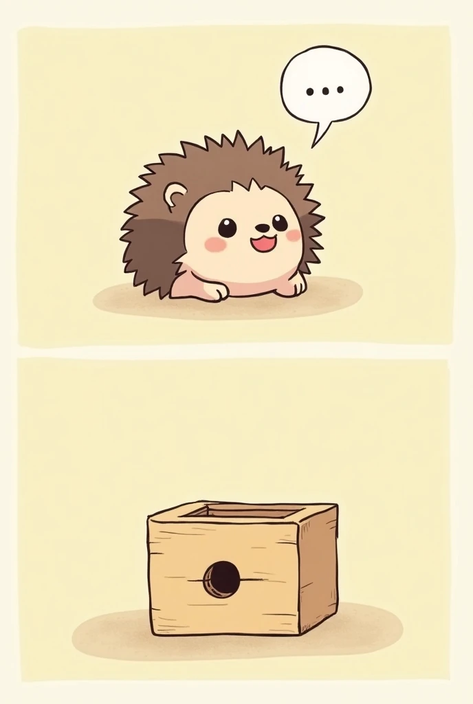 chibi style, Two-panel comic strip, Dot Halftone,  flat color ,Hedgehog with a box,Smiling, with a guide box written on it, has a wooden box with a hole on it ,