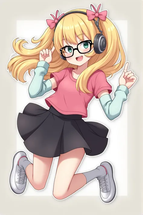 Female character with blonde hair with cheerful face black lenses gray headphones with bows pink short shirt black skirt white shoes with white stockings and light blue arm warmers