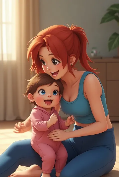 a red-haired woman,  woman, smiling, of hull, with gym clothes, blue top,  high-waisted blue leggings ,  sitting on the floor ,  playing with a baby girl , with brown hair and blue eyes,Of little toy , in pink jumpsuit 