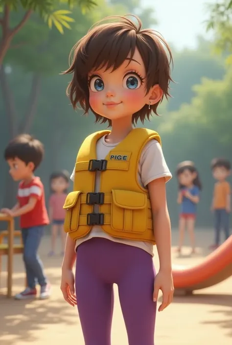 White girl , 10y, 1:3, standing, side view, short white top, violet leggings, tight leggings, yellow lifejacket with straps, lifejacket has strap in crotch, lifejacket shows text pige, short pixie hair, brown hair, small earrings, hair pin, blue eyes, shy,...