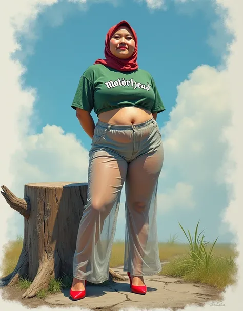 HIJAB! DONT SHOWING MY FINGERS!!!!!!, ((HIJAB INDONESIAN MALAY)), HOLD TANGAN DIBELAKANG PUNGGUNG!, ((SEMOK MONTOK EKSIB)), (Hijab:1.17), (1 Beautiful Fat Girl:1.54), Fat Indonesian Woman 、wearing a Green "Motörhead" logo Cropped T-shirt、(Wearing Prach lac...