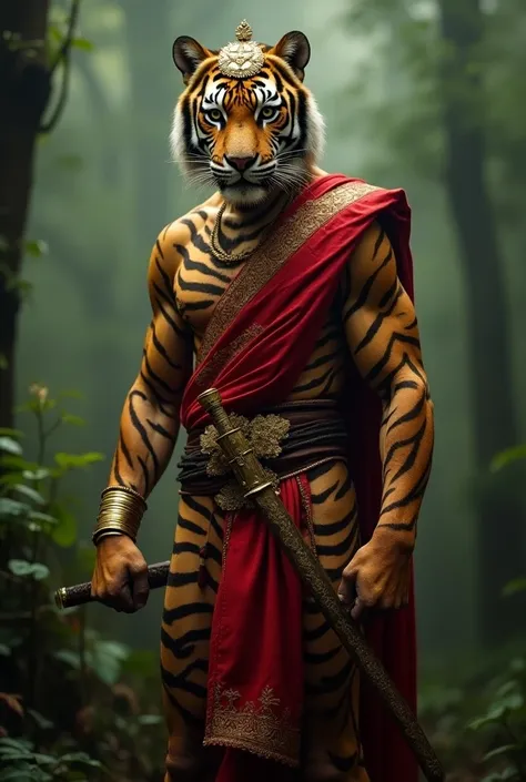 Myanmar Animal Warrior (Humanoid Tiger)
In the same lush, misty forest of Myanmar, a humanoid tiger warrior now stands in the place of the human. His muscular form is covered in golden and black stripes, his fur slick from the humidity of the jungle. He we...