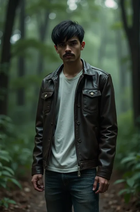 A 20-year-old teenager , black hair cut,  brown eyes, Crooked Jaw , white shirt,leather shirt, jeans, thin mustache,angry face,  Cinematic Forest 