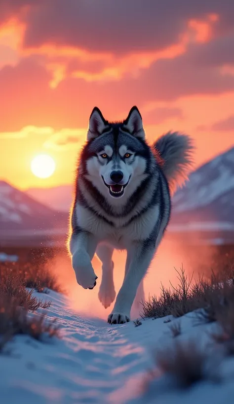 An Alaskan Malamute dog runs in a beautiful sunset.