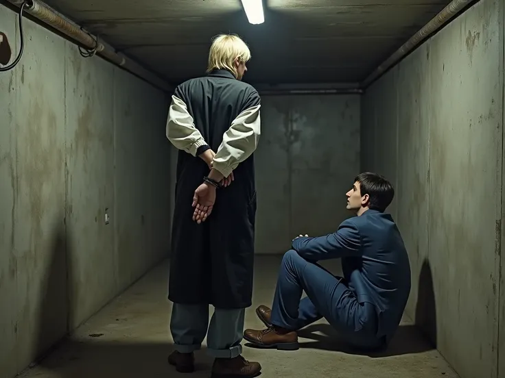 Two men with their hands handcuffed are in a medium-sized basement made entirely of concrete, very dirty. One is young and blond with short straight hair, standing in a black and white coat. Another is sitting on the floor in a blue suit.