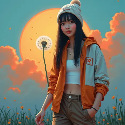  Photorealistic acrylic painting, which features a film look of a beautiful Indonesian girl with smooth white skin and well-groomed face. , long straight black hair with a roll , wearing a knitted hood with an orange and white logo. Santis gradient &#39;, ...