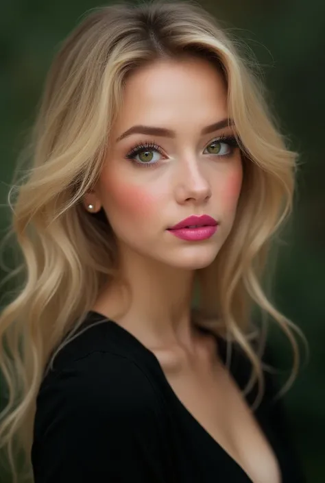  blonde woman hair green eyes and pink lipstick and a black top,  realistic art style , retrato de rossdraw, Artgerm portrait, Realistic anime art style, realistic digital art 4k, realistic digital art 4k, German Art Bokeh 8k, arte deviantart artstation cg...