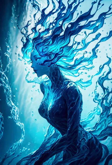 a genasi made of water, woman with water-like skin and flowing blue hair, beautiful detailed eyes, beautiful detailed lips, extr...