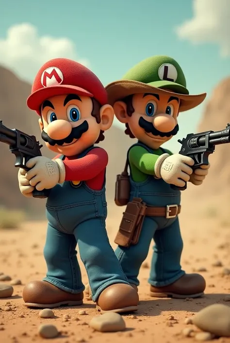 Mario and Luigi with a Texan hat and gun , that Mario has an M on his hat and an F  .  on Luigis hat that has a text that says the Almada brothers like an action movie