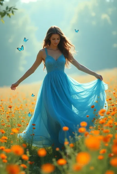 1 brown-haired woman in long blue dress Wery is dancing in a field with bright flowers, estrela, Borboletas em tons de azul, Realismo da grama, luz bonita, Magia, Imagination of time, dinheiro, Fotografia - Q-2,