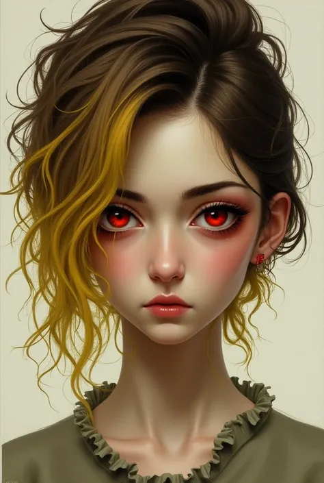  A girl with masculine features with brown hair and a yellow lock, with a serious look and red eyes .