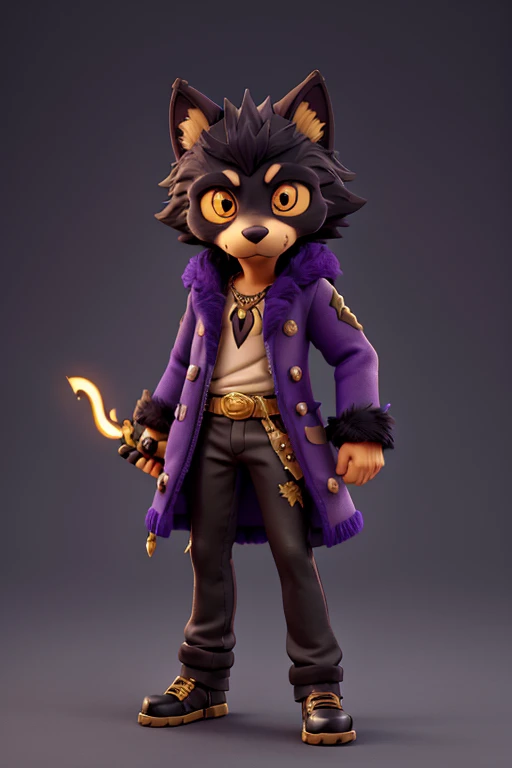 Make a humanoid wolf with black and gold fur wearing a gray jacket in the art style of one piece with purple eyes and with a burn scar on the eye using a rapier made entirely of gold