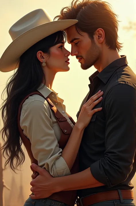 Book cover,  a woman apparently 26 years old long straight black hair, wearing riding clothes , A tall man,  strong light brown hair ,  greenish eyes dressed in jeans and a black shirt ,  and a white hat over her head  
