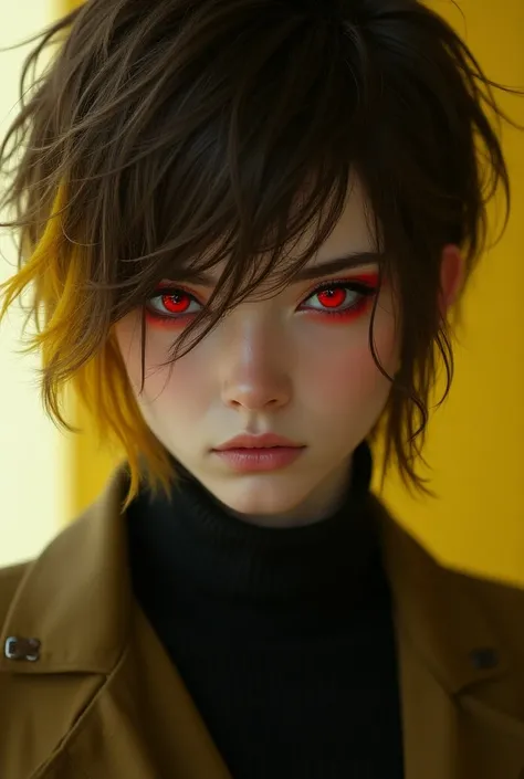 A girl with masculine features with short brown hair and a yellow lock, with a serious look and red eyes .