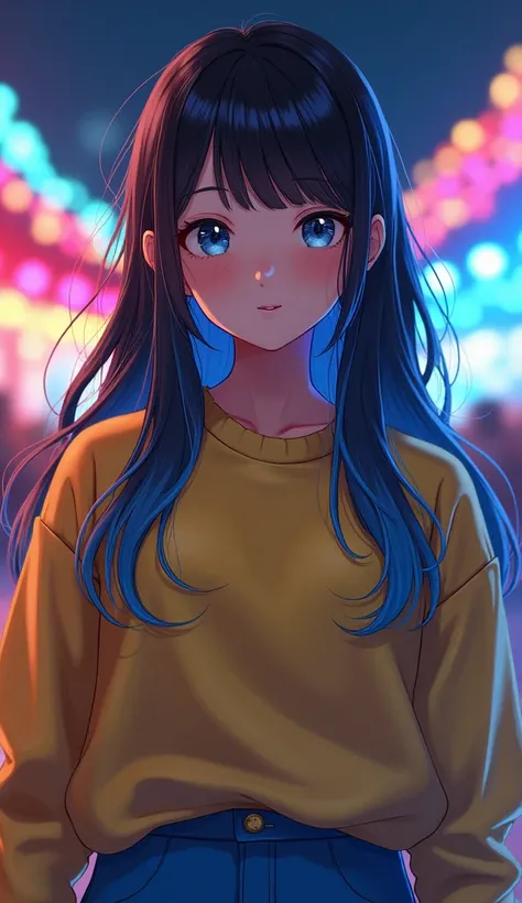 zPDXL2, close-up, Portrait,  beautiful girls  ( rainbow dye ,  blue hair :1.3), Long Hair, bangs,  at night carnival ,  wear yellow sweater and blue pants, ( score_9,  score_8_up,  score_7_up,  score_6_up,  score_5_up,  score_4_up, high res, hair)
 negativ...