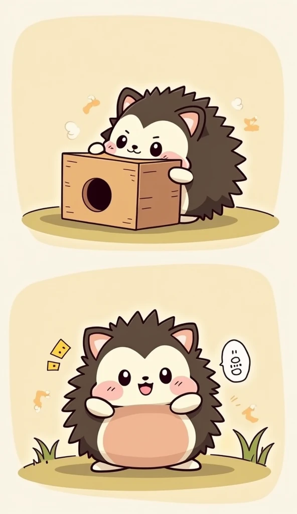 chibi style, Two-panel comic strip, Dot Halftone,  flat color ,Hedgehog with a box,Smiling, with a guide box written on it, has a wooden box with a hole on it ,