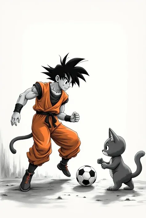 Goku training soccer with Maestro Karin in black and white 