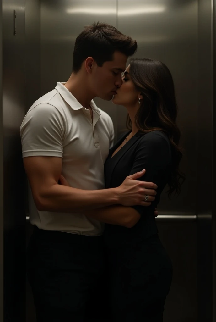 A young athletic man of about 19 years old wearing a polo shirt and dress pants with a beautiful blonde and mature woman of about 40 years old in a business outfit , wedding ring. In an elevator They kiss with love and desire . Aura of the forbidden 
