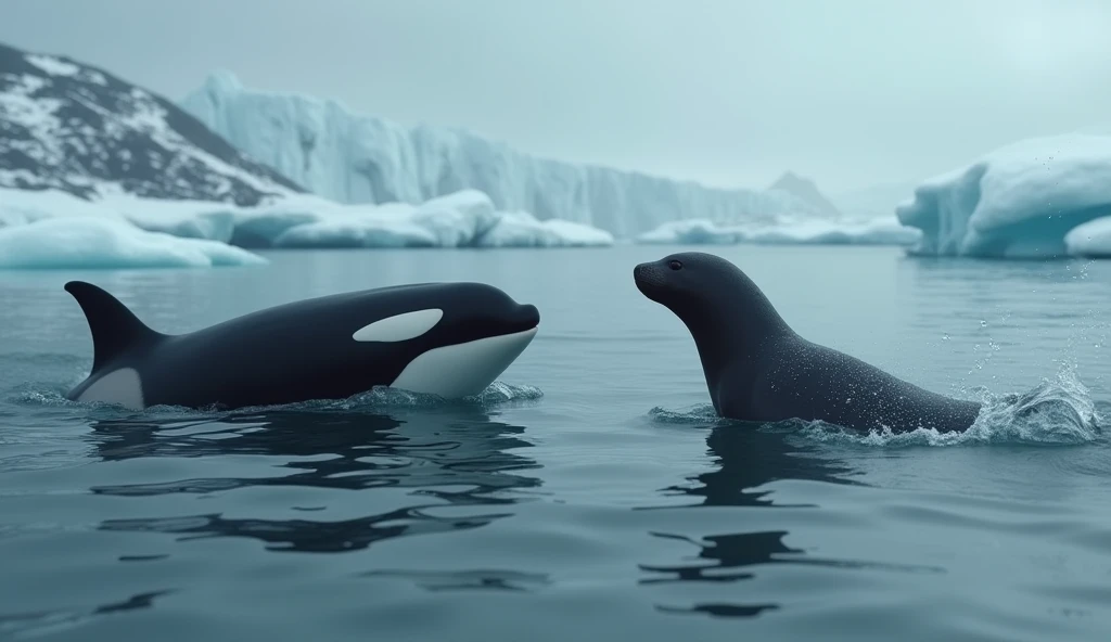 "An orca stalks a sea lion near an icy shore, its eye just above the waterline, watching and waiting for the perfect moment to strike. The atmosphere is tense, with the sea lion unaware of the looming danger. The cold, misty air and overcast skies add to t...