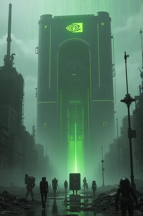 "Generate an ominous image of a dark, futuristic tech fortress looming over a dystopian cityscape, with glowing NVIDIA logos embedded into towering structures. In the background, robotic figures work tirelessly under NVIDIAs control, as the skies flicker w...