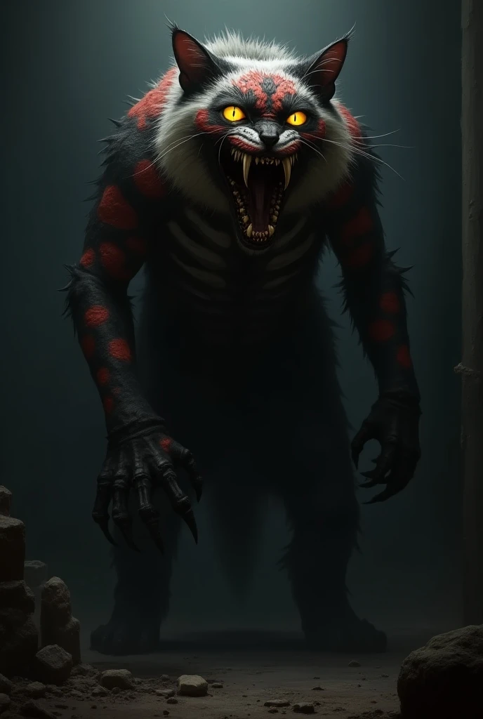 A huge skinny monster tricolor red cat in a dark room, with huge teeth, sharp wars , thick fur ,  ribs with thorns sticking out ,  bones longer than normal and bright yellow eyes
