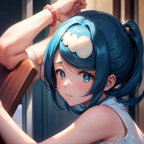 face,  underwear, , faceに集中する, bangs, Hair Circle,  blue hair 