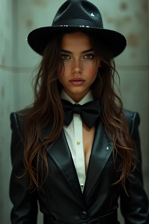 Young long wet haired brown eyed Latina woman wearing mannish tuxedo fedora bow tie pants boots and wet under shower  