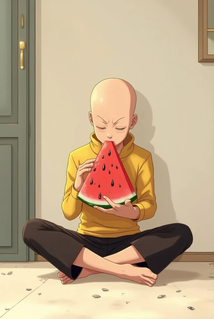 Saitama sitting on the floor eating watermelon 