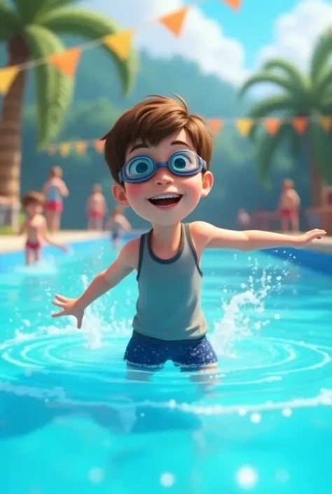 Una niño de 12 años con cabello castaño gafas de natación you live, you live . The character sleeveless shirt gray shirt and wears navy blue shorts and swimming lessons from Disney Pixar.