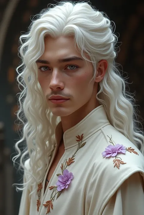 Taragaryen young man, pale skin, slender yet muscular frame, almond eyes, oval face, lot of freckles, vivid purple iris, hip length curly white hair with three ginger strands in it, gentle smile, white stubble and mustache. Long curly white hair. Wearing a...