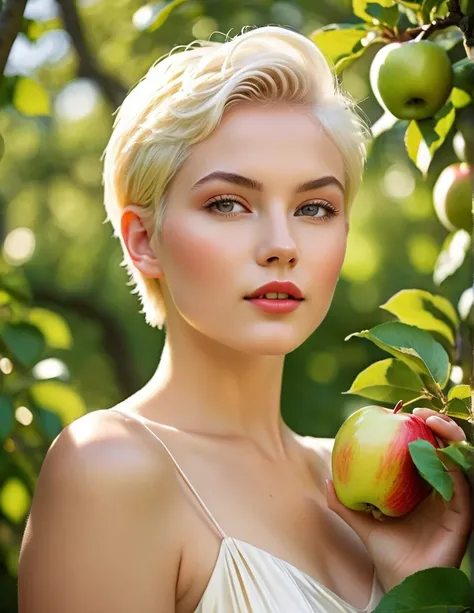 In the midst of an apple orchard, a strikingly radiant Caucasian woman with a short pixie cut of platinum blonde hair stands, aged 25 years, her wet hair slicked back. She holds an apple, her youthful features contrasting against the lush greenery. The ima...