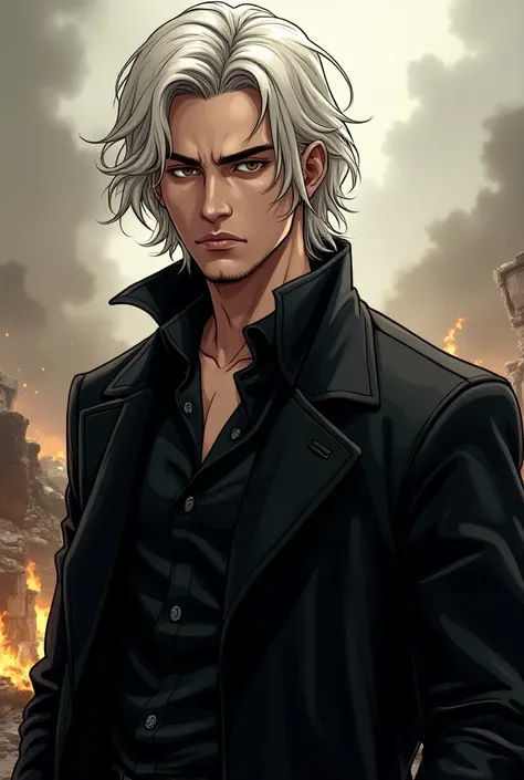  Marvel comic book style art A Young Man, with medium wavy white hair , He has brown eyes ,  black blouse with black overcoat ,  serious expression,  setting of an apocalypse , 4k full hd