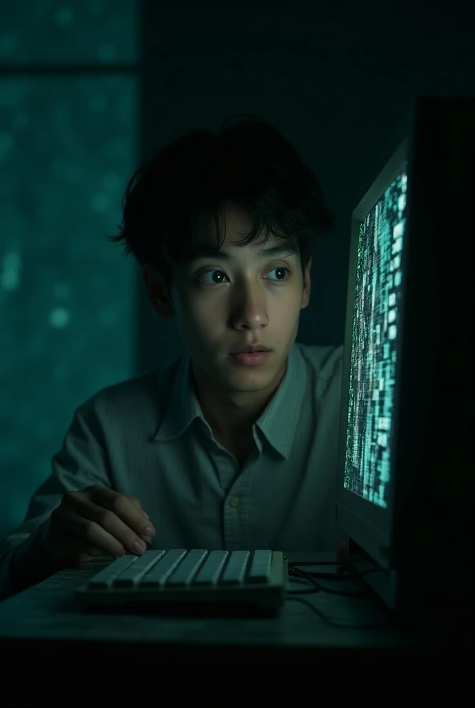 20 year old man,  very surprised looking at some strange codes on his computer. Matrix codes are shown on the computer . 1980, terror, down, realistic, Dramatic, epic. The camera sees him from behind his back  