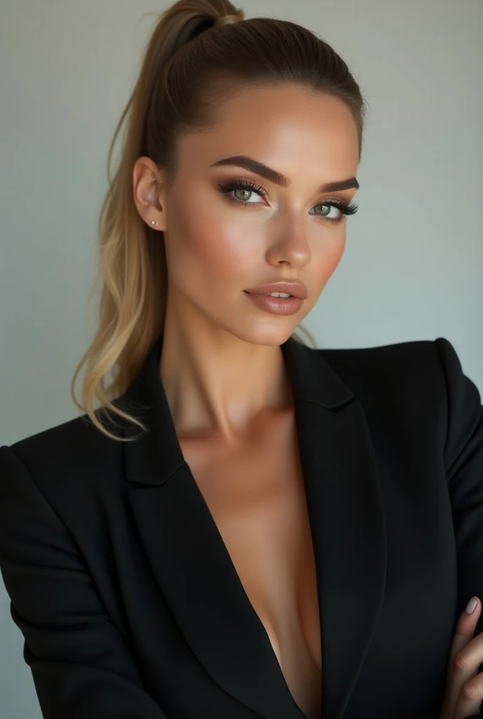 a very realistic and detailed photo of pretty swiss girl, tight black skirt professionnal suit, cleavage , perfect makeup, long sleek straight blonde hair with brown roots hair, high quality, photorealistic, elegant, confident, piercing eyes, full lips, ol...