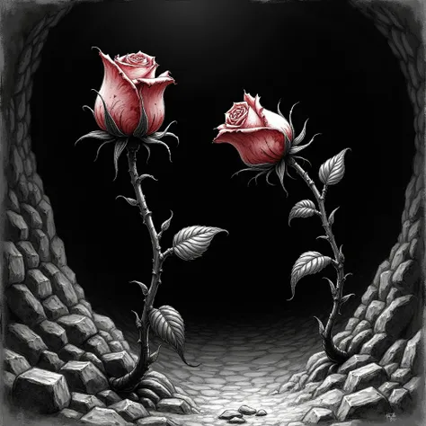 Two whithering bloody rose-bud reaches towards the light, dark deep pit, there is only a glimmer of light at the far entrance of the cave, black and white, sketch, close up