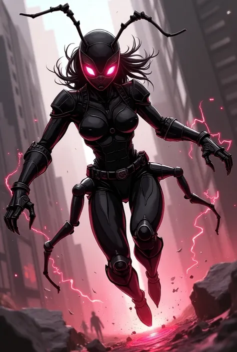 female bullet ant superhero in comic art form with black and wine red color scheme 