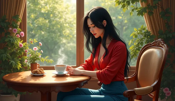 a beautiful white woman with straight black hair skinny red blouse blue pants near a table drinking coffee in a beautiful room of an apartment with a view of a garden on the window. Drawing format