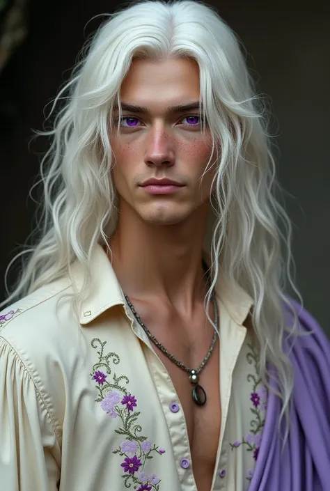 A young man, around 25 years old. He has a slender yet muscular body frame.
His hair is pure white falling in soft waves at hip length, falling freely in his back. 
He have vivid purple almond eyes.
His visage his oval with a lot of visble freckles and whi...