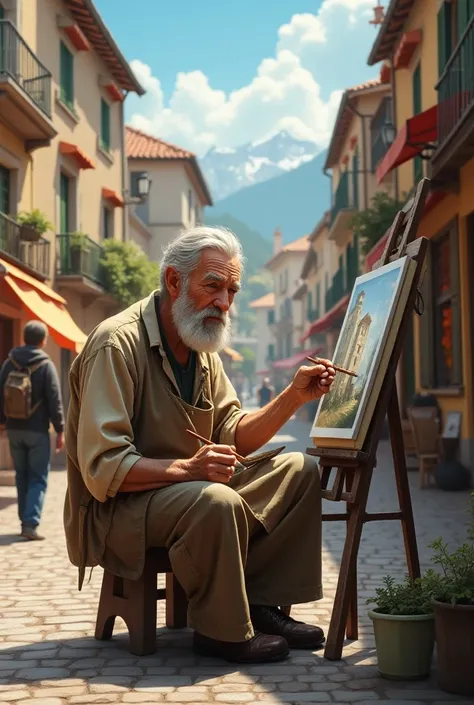 make an elderly painter sitting in a square