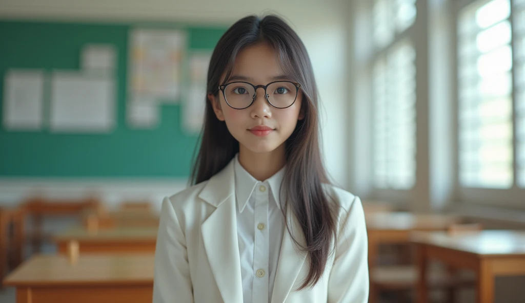 (photorealism:1.4), realistic picture, detailed, beautiful woman, cute girl wearing an indonesia middle school white uniform formal suit with sharp facial features, wearing a hijab and glasses, full body to toe,  in the class