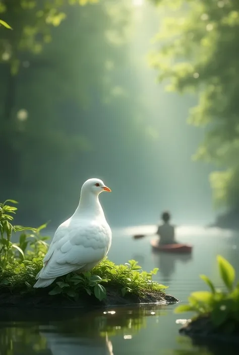 Create an image about the meaning of peace with a white dove and a little bit of green area more realistic than a landscape and a river and a person in a canoe
