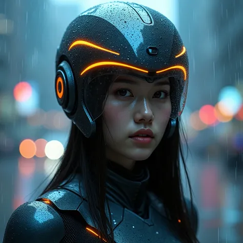 A young Asian woman with straight, black hair extending below her shoulders, wears a futuristic, dark gray, almost black, helmet with a clear, curved visor and glowing orange accents. The helmet features three curved orange stripes across the top and small...