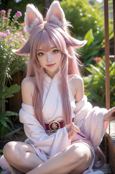 masterpiece , saturated colors , Best quality , detailed , high resolution , High quality , high detail , skinny sexy goddess Yae Miko , celestial kitsune , purple eyes , ((long pink hair)), pink pubic hair, ((very small fox fluffy ears)), smile, seduction...