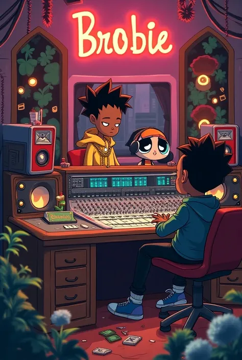 "In a high-quality 3D DreamWorks art style, inspired by Adventure Time and Fire Force, create a vibrant, panoramic 4K scene featuring Black-parodied versions of Gon and Kilua from Hunter x Hunter, recording their latest hip-hop album at Universal Records 1...