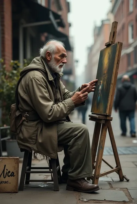 make a sad old painter hoping to sell his painting on the street