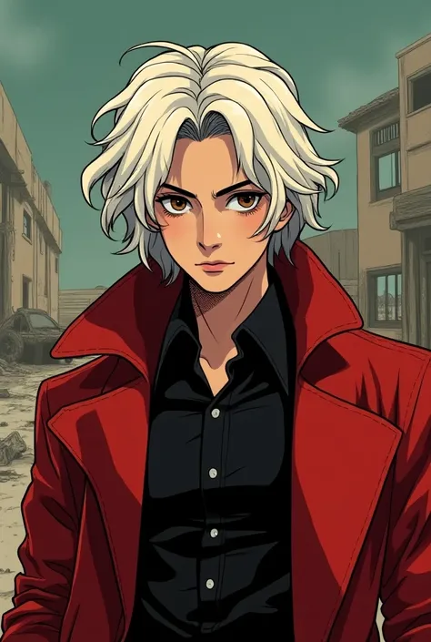  Marvel comic book art A Young Man, with medium wavy white hair , He has brown eyes, black blouse with red overcoat ,  serious expression,  setting of an apocalypse , 4k full hd