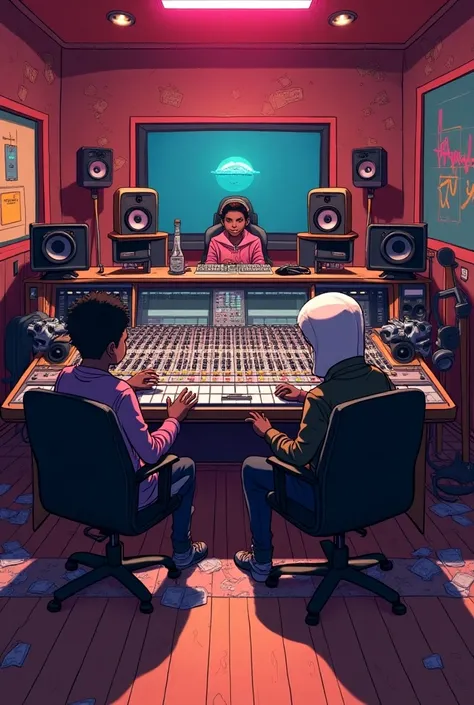 In a high-energy panoramic 4K scene, inspired by Adventure Time and Fire Force, Black-parodied versions of Shinra and Arthur from Fire Force record their hip-hop album at Universal Records state-of-the-art studio. Vibrant colors fill the space, with Shinra...