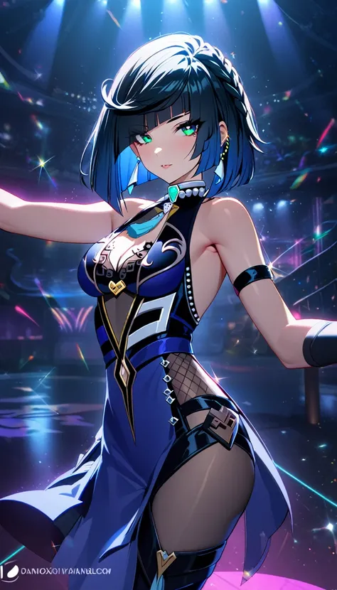 1girl,solo,(yelan from genshin impact),dancing,girlfriend,(intimate close up),((bedazzling emerald eyes looking at you)),(intense shadows),really pretty,intense gaze,flirty,eyelashes,eyebrows,sleeveless,dark blue dress,dark neon nightclub,spotlight,sparkle...