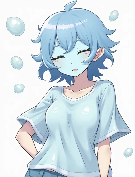 A anime girl made entirely of light blue slime, with a fluid, translucent body. Her hair is composed of blobs with pointed edges, and she has an hourglass figure. She has no visible intimate parts except for a defined chest area, as she is a slime creature...